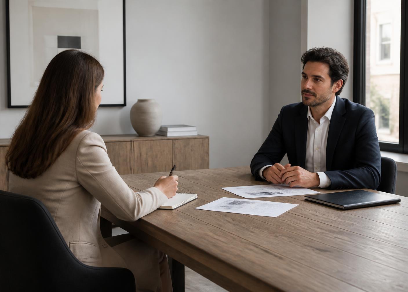 Duas pessoas em reunião de atendimento em um escritório, com documentos sobre a mesa